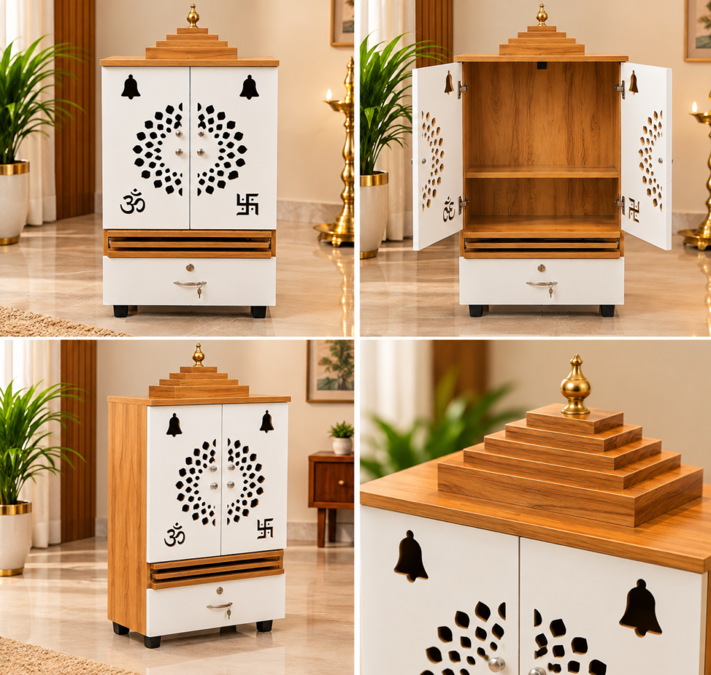 Pooja Room Cabinet, White & Neshwood Finish