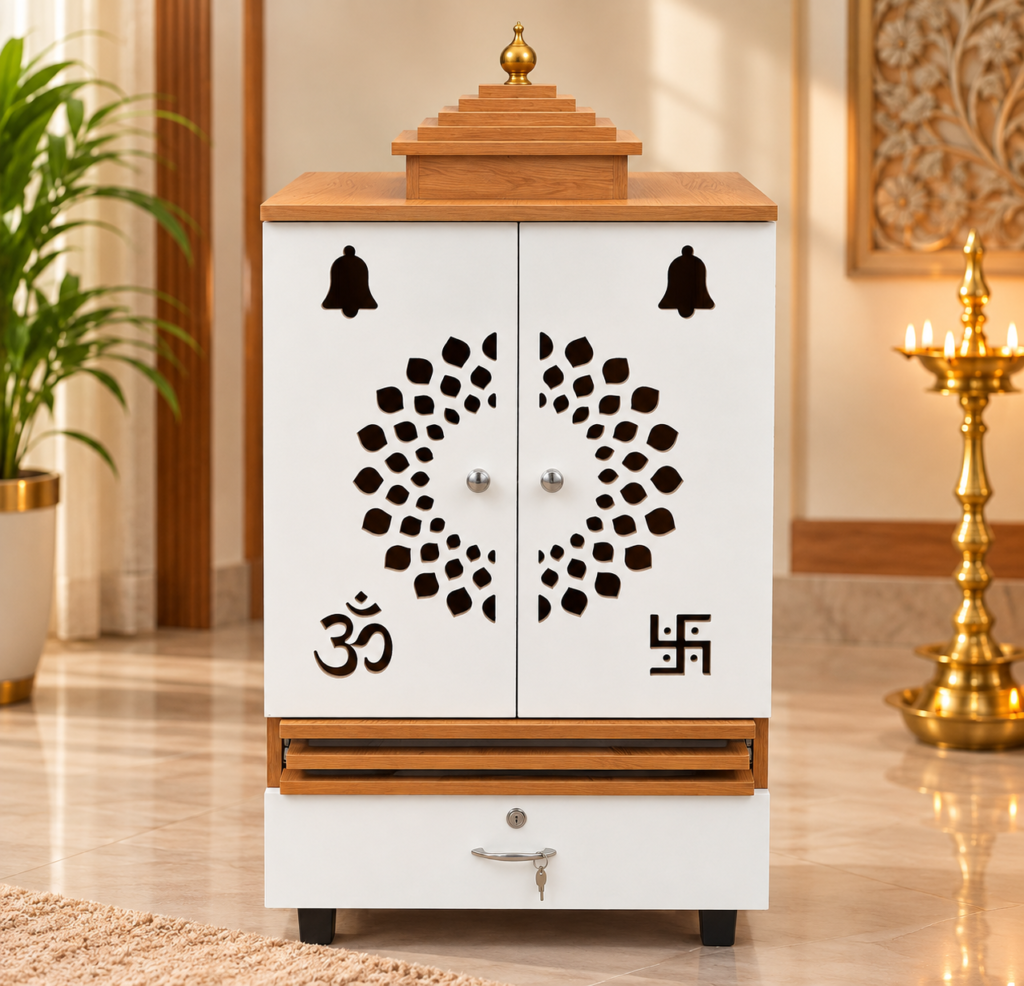 Pooja Room Cabinet, White & Neshwood Finish