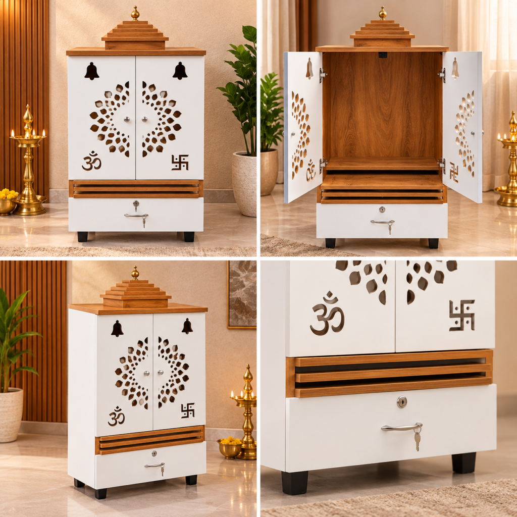 Pooja Room Cabinet, White & Neshwood Finish