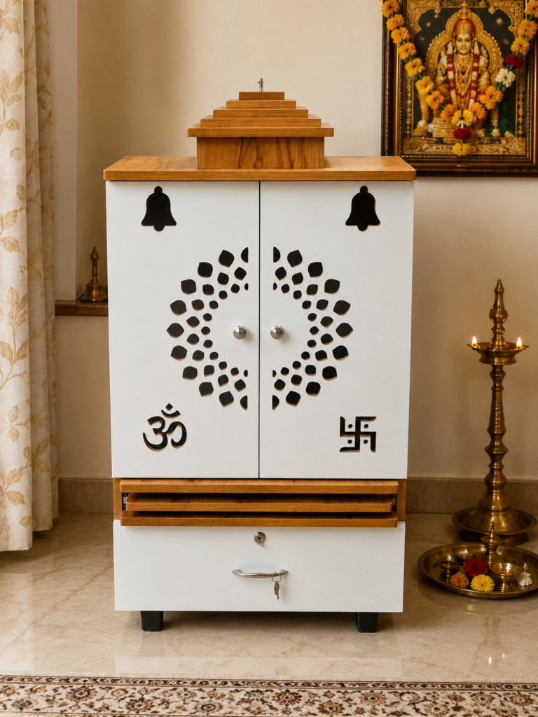 Pooja Room Cabinet, White & Neshwood Finish
