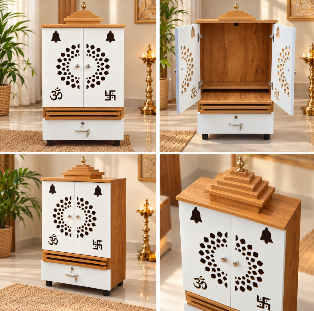 Pooja Room Cabinet, White & Neshwood Finish