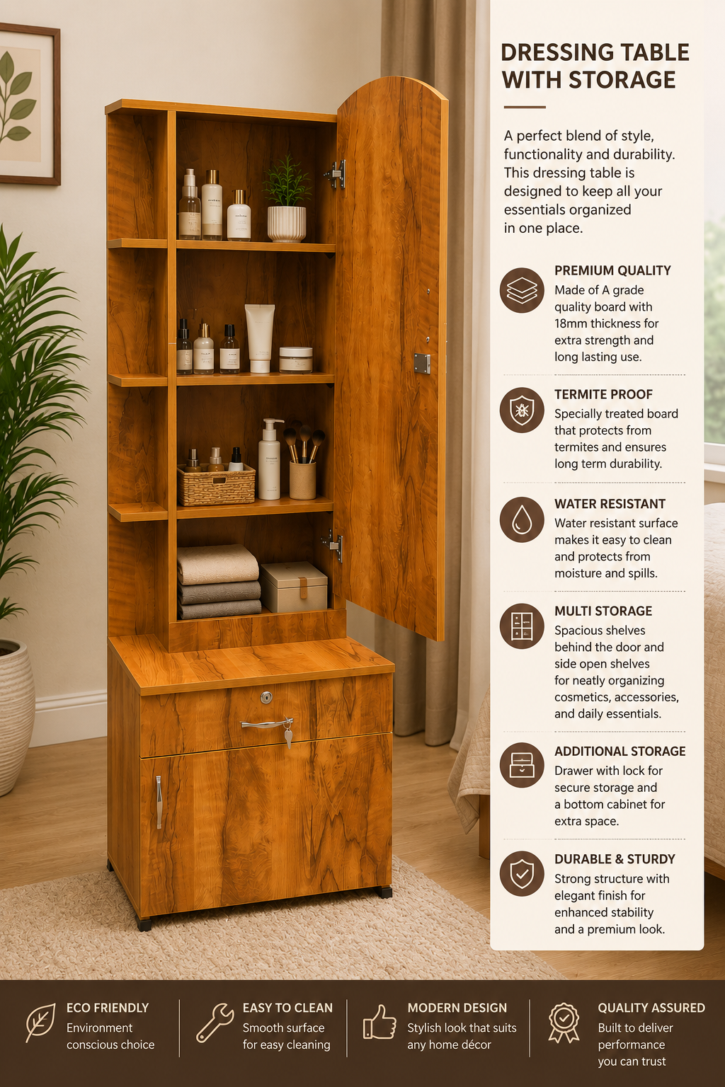 Dressing Table with Mirror, Side Shelf, Door Storage & Bottom Storage - Neshwood Finish