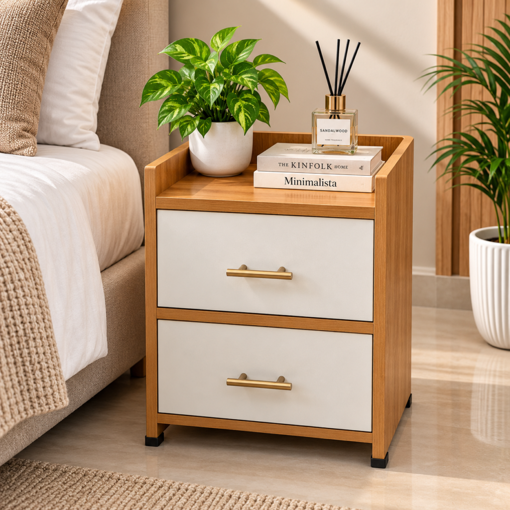 Bedside Table with 2 Drawers – White & Nash Wood