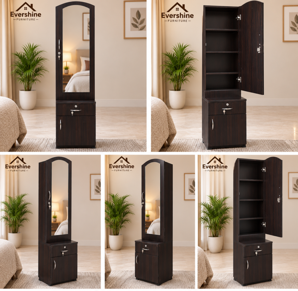 Dressing Table with Mirror, Door Storage, Bottom Storage & Lock - Brown Finish