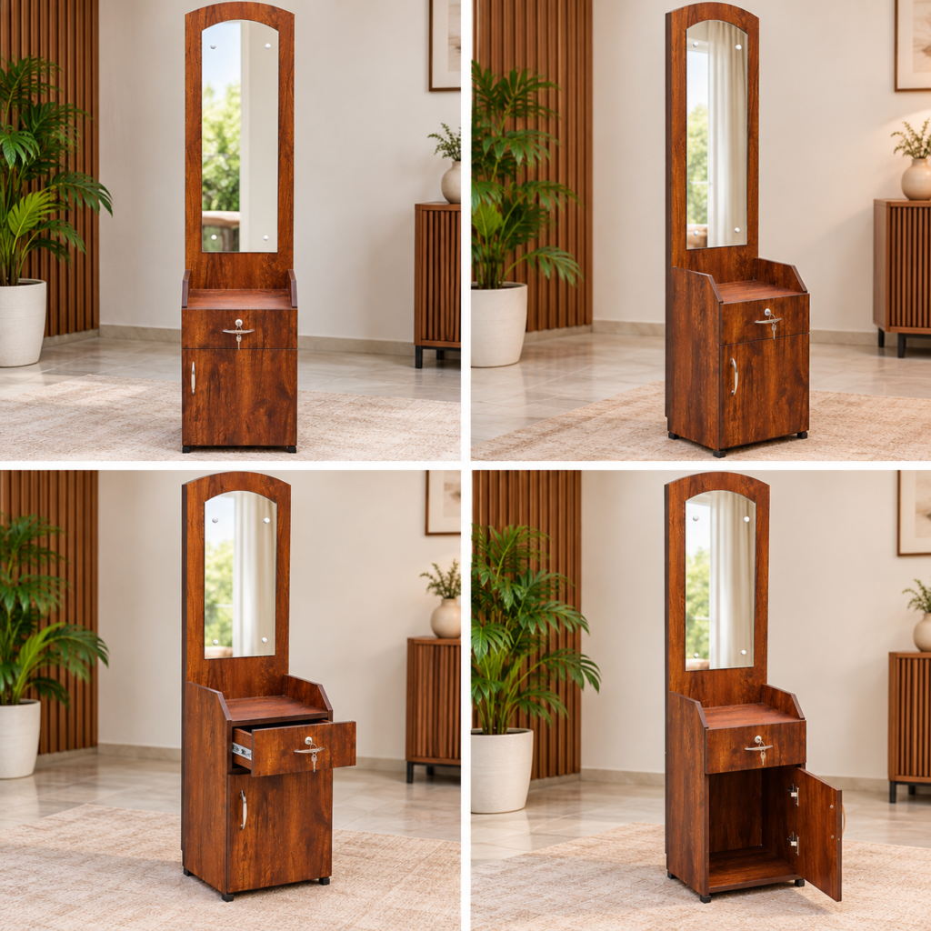 Walnut Dressing Table with Mirror, Drawer and Bottom Storage