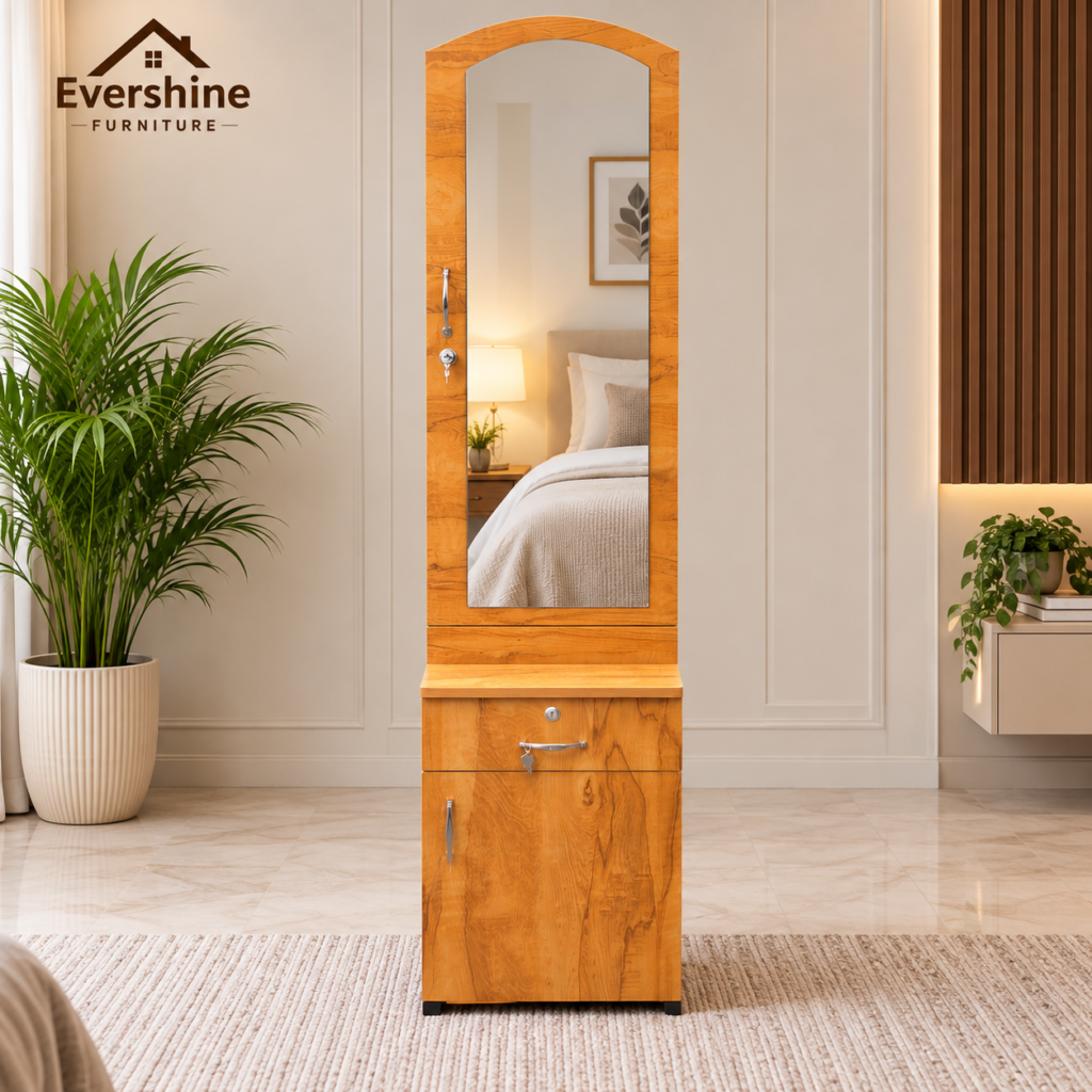 Dressing Table with Mirror, Door Storage, Bottom Storage & Lock - Neshwood Finish