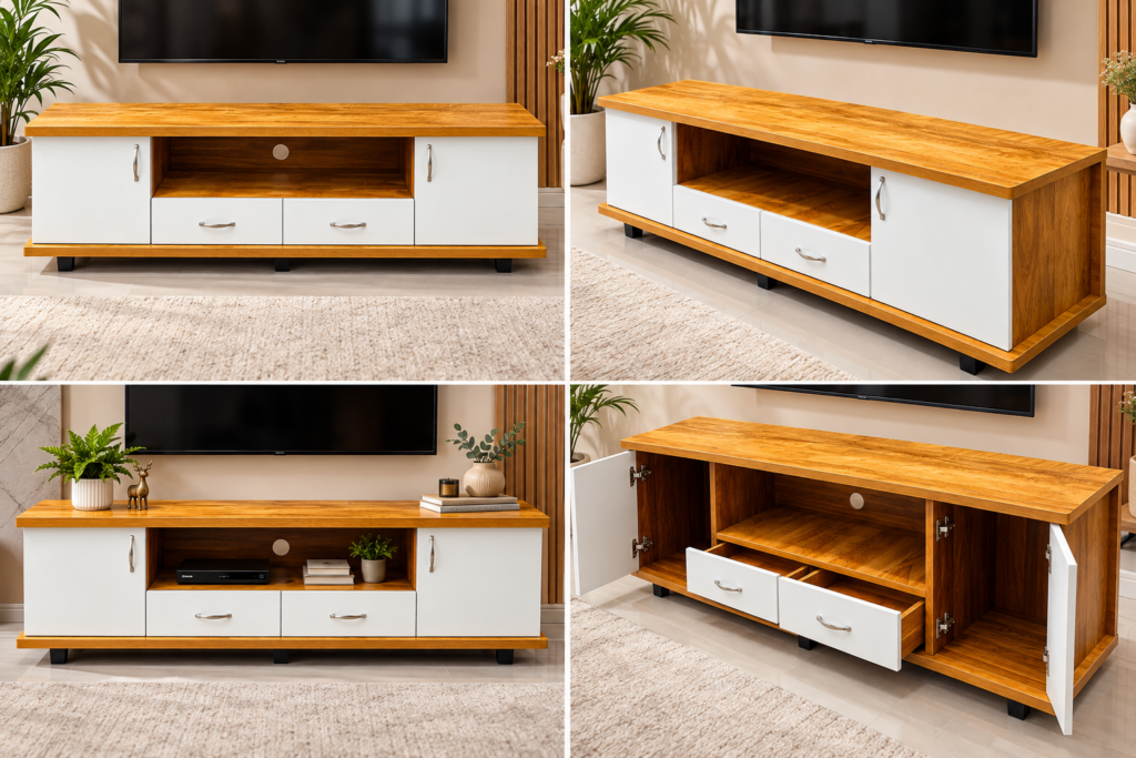 TV Cabinet with 2 Doors, Open Shelf & 2 Drawers