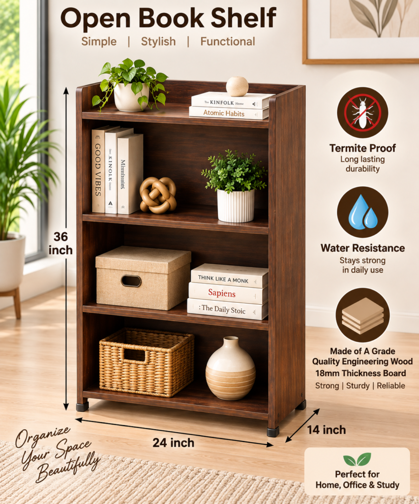 Open Bookshelf / Kitchen Shelf in Brown – Wooden Storage Rack