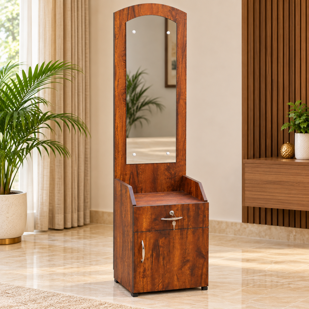Walnut Dressing Table with Mirror, Drawer and Bottom Storage