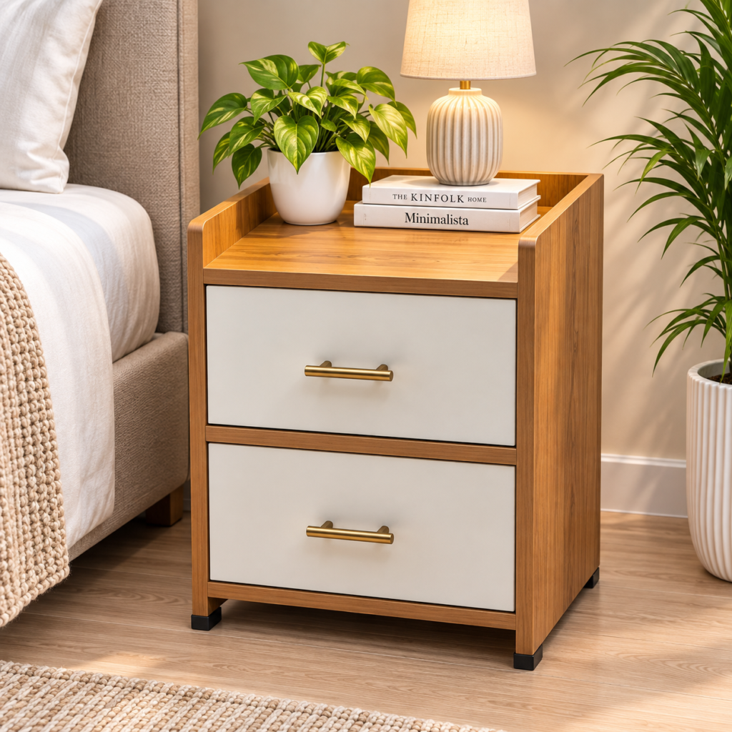 Bedside Table with 2 Drawers – White & Nash Wood