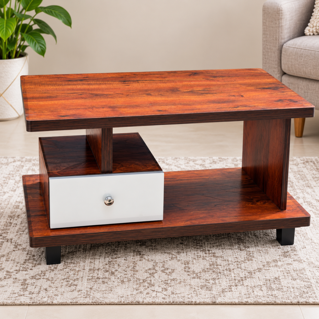 Walnut & White Drawer Coffee Table – Modern Wooden Table with Storage