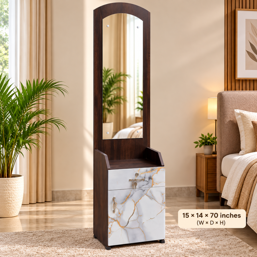 Dressing Table with Mirror, Drawer & Marble Design Bottom Storage-Brown Finish