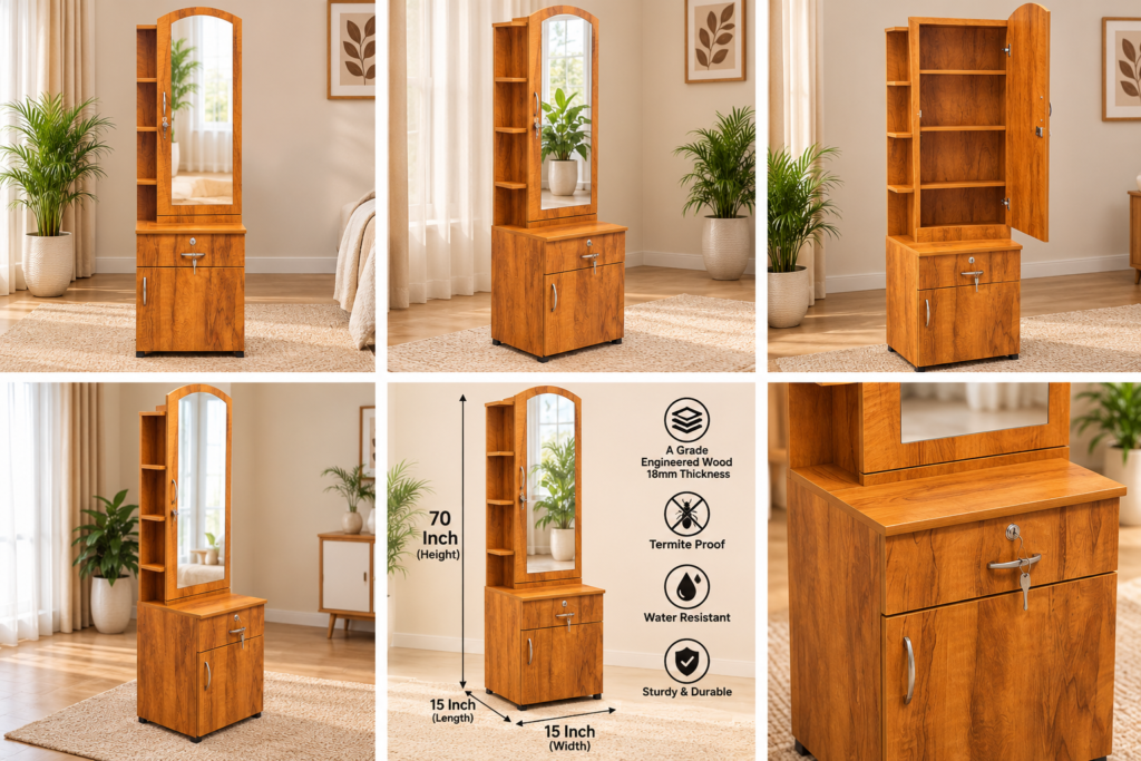Dressing Table with Mirror, Side Shelf, Door Storage & Bottom Storage - Neshwood Finish