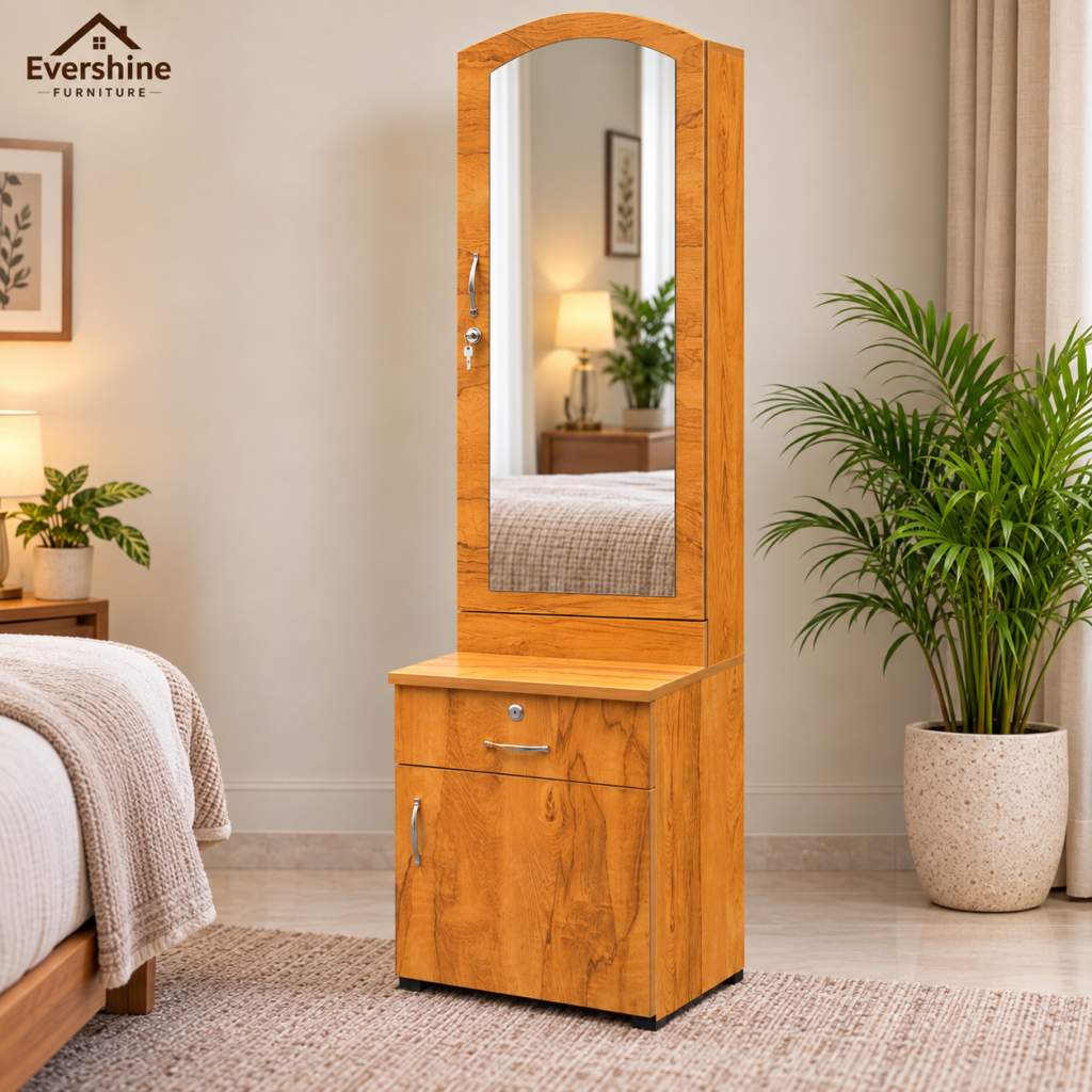 Dressing Table with Mirror, Door Storage, Bottom Storage & Lock - Neshwood Finish