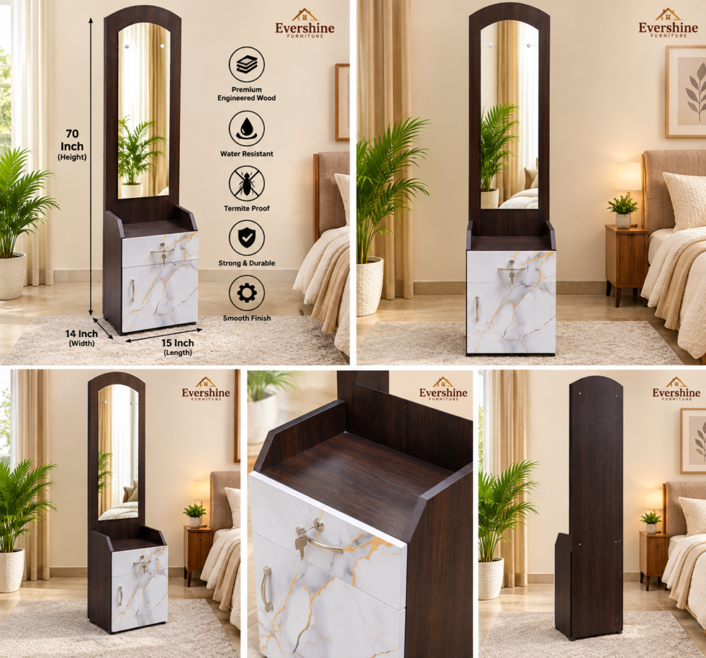 Dressing Table with Mirror, Drawer & Marble Design Bottom Storage-Brown Finish