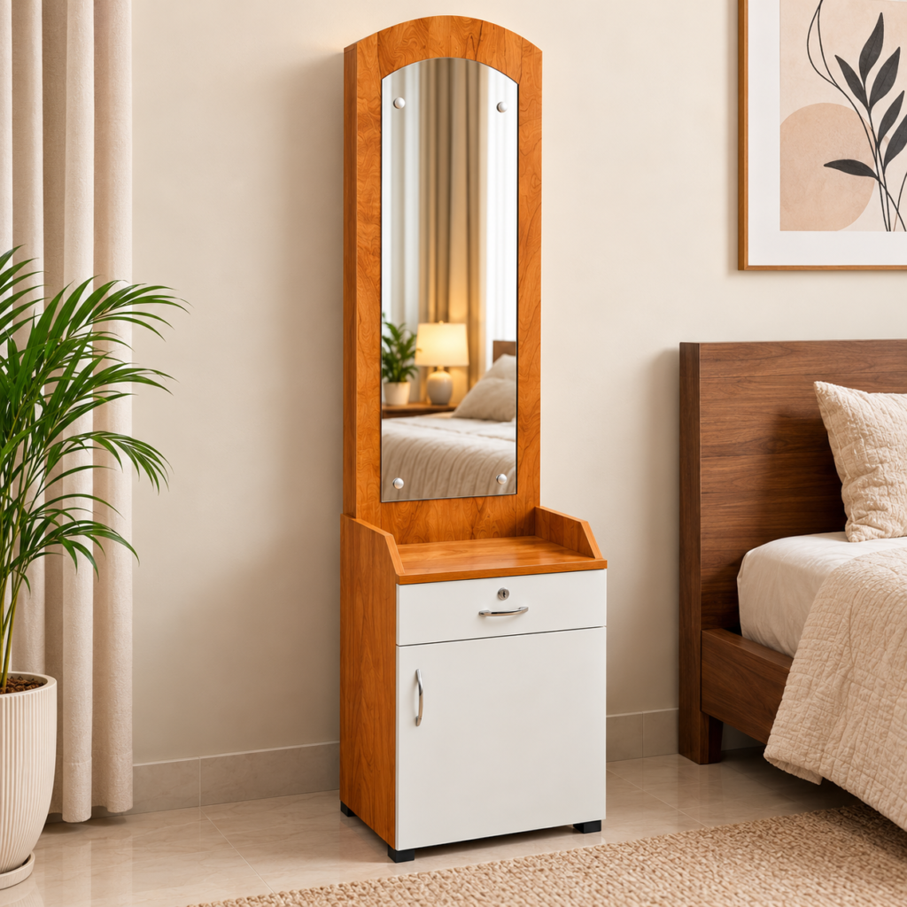 Dressing Table with Mirror, Drawer & Bottom Storage-Neshwood & White Finish