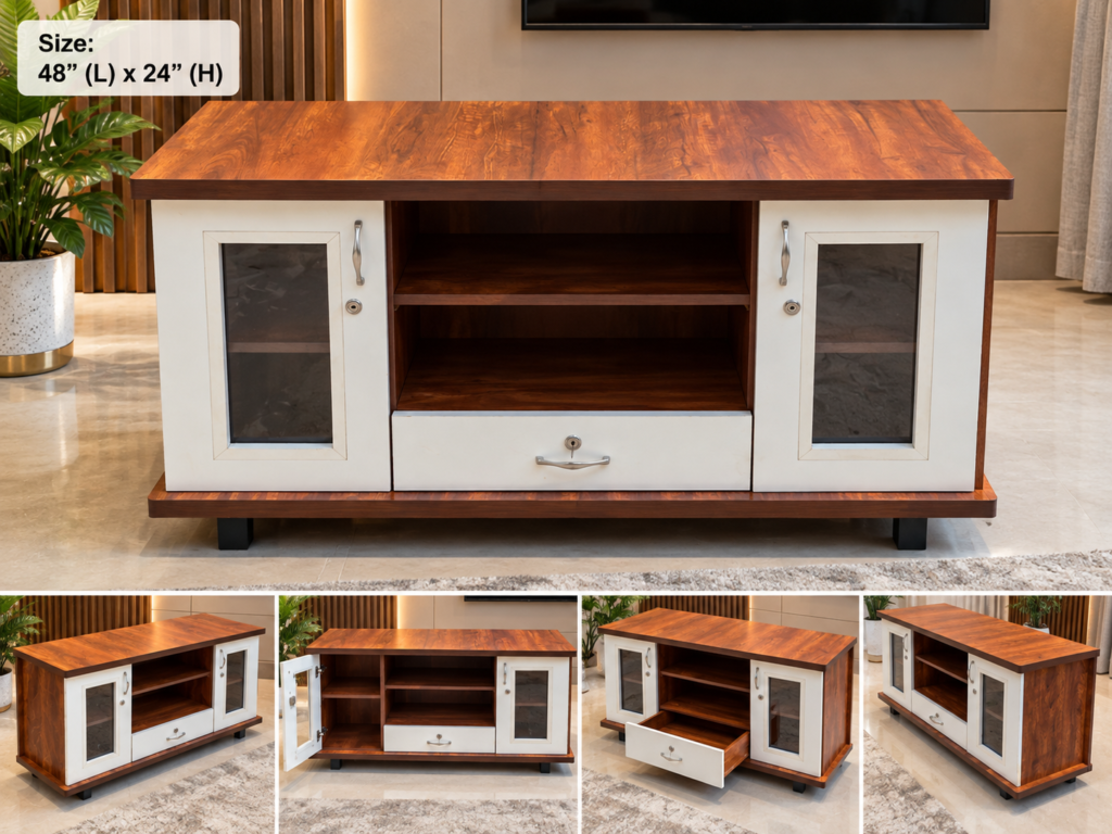 TV Cabinet with 2 Doors, Open Shelves & Drawer