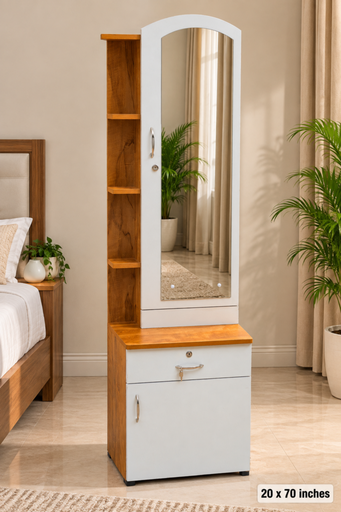 Dressing Table with Mirror, Side Shelf, Door Storage & Bottom Storage - White & Neshwood Finish