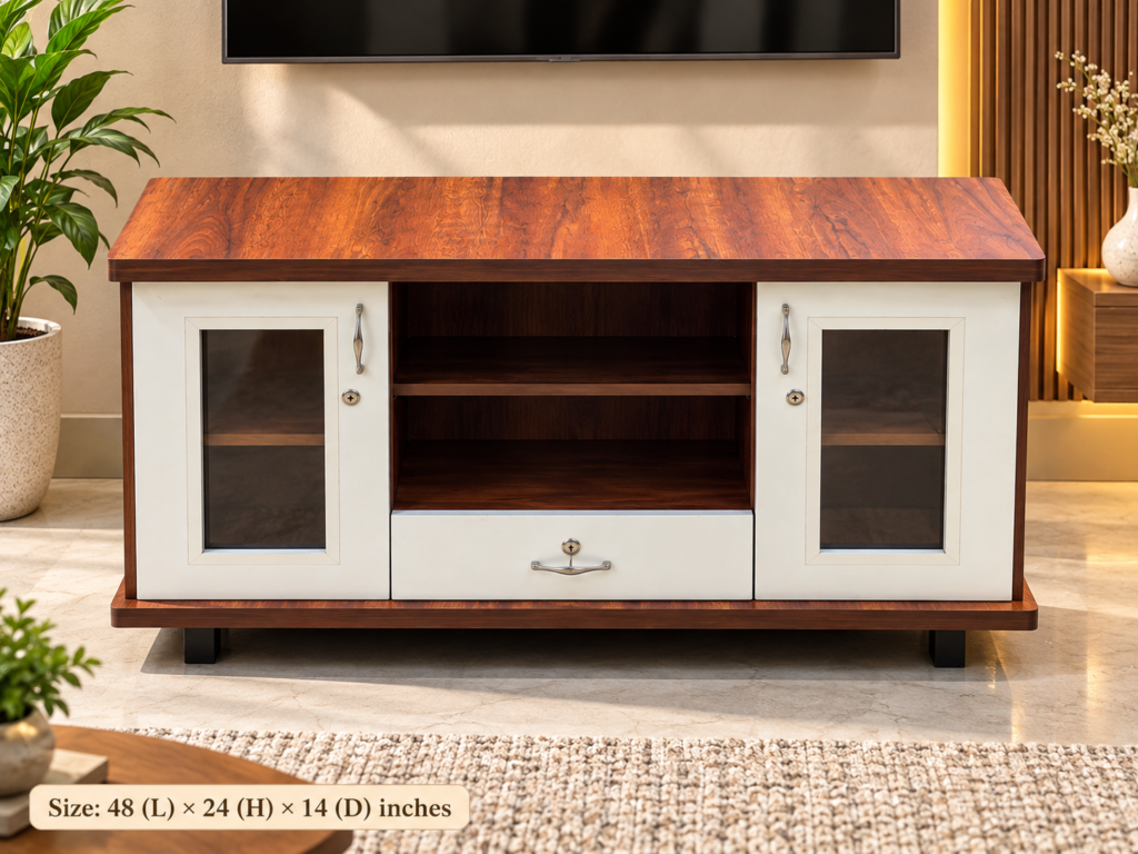 TV Cabinet with 2 Doors, Open Shelves & Drawer