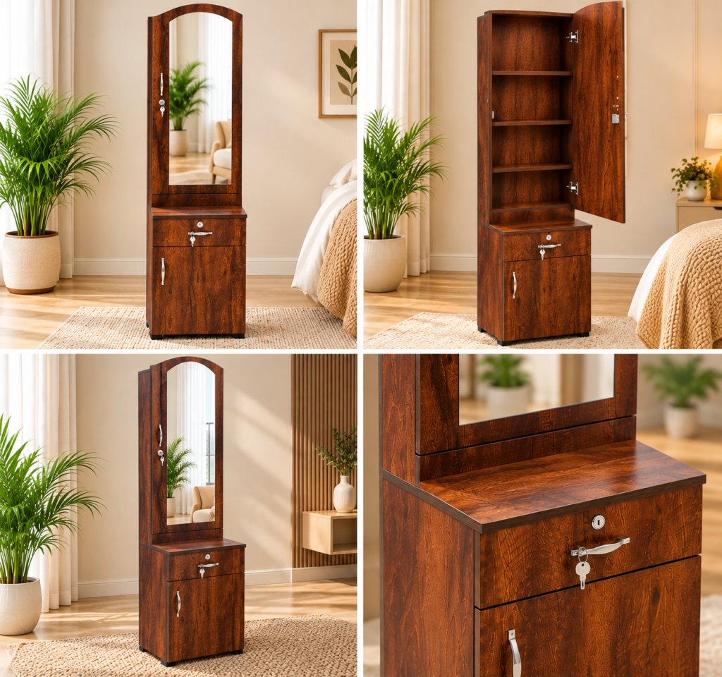 Dressing Table with Mirror, Door Storage, Bottom Storage & Lock - Walnut Finish