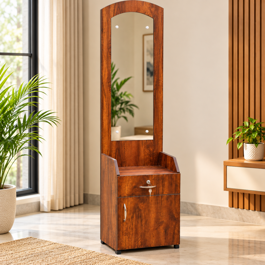 Walnut Dressing Table with Mirror, Drawer and Bottom Storage