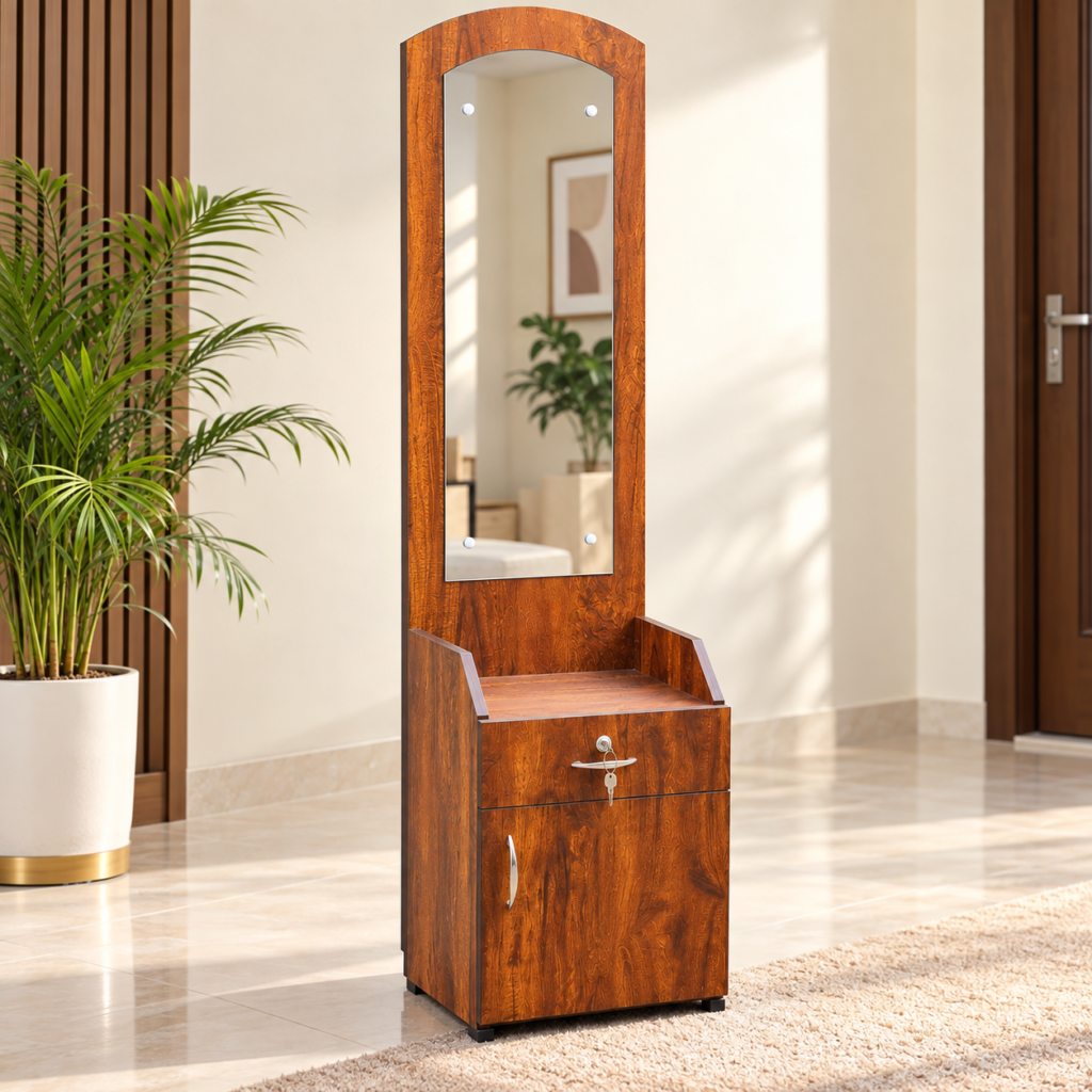 Walnut Dressing Table with Mirror, Drawer and Bottom Storage