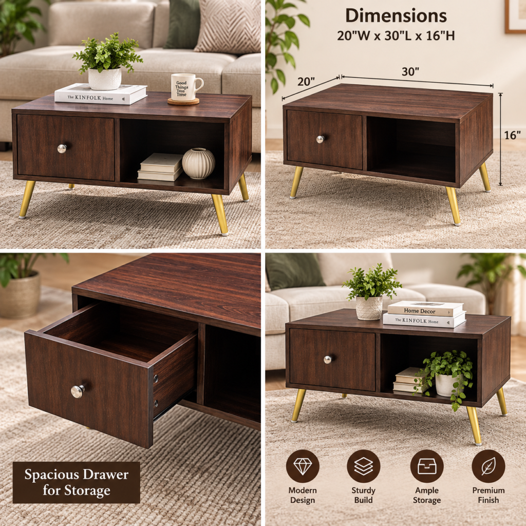 Brown Coffee Table with Drawer & Golden Legs – Modern Living Room Table