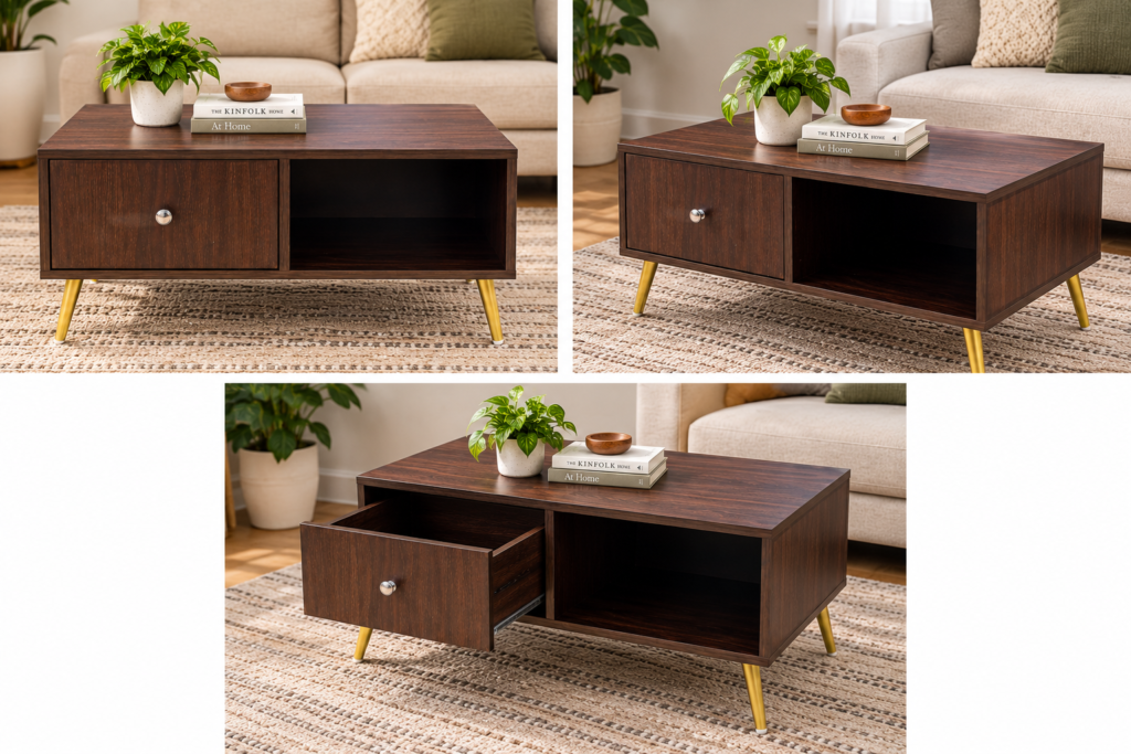 Brown Coffee Table with Drawer & Golden Legs – Modern Living Room Table