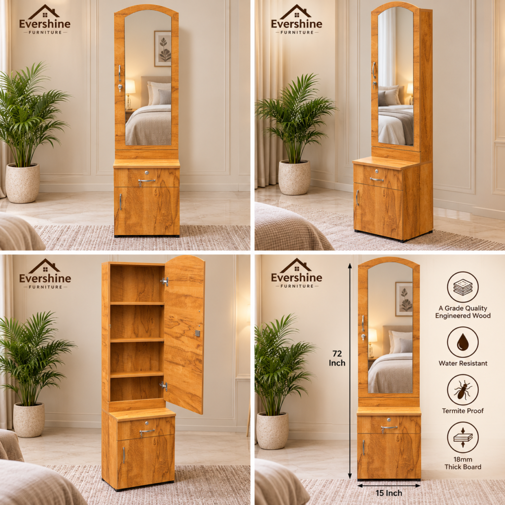 Dressing Table with Mirror, Door Storage, Bottom Storage & Lock - Neshwood Finish