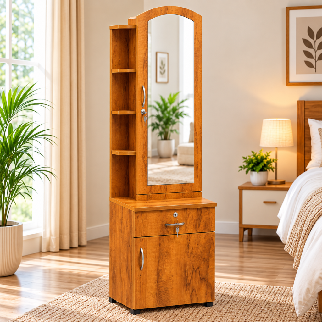Dressing Table with Mirror, Side Shelf, Door Storage & Bottom Storage - Neshwood Finish