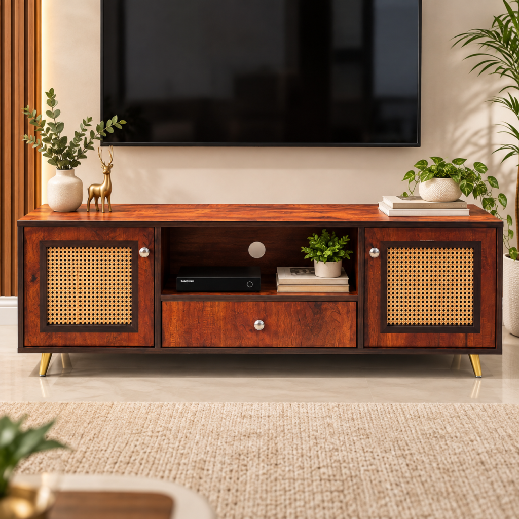 Elegant Walnut Wooden TV Cabinet with Cane Panel Doors, Open Shelf & Drawer, Golden Legs & Knobs