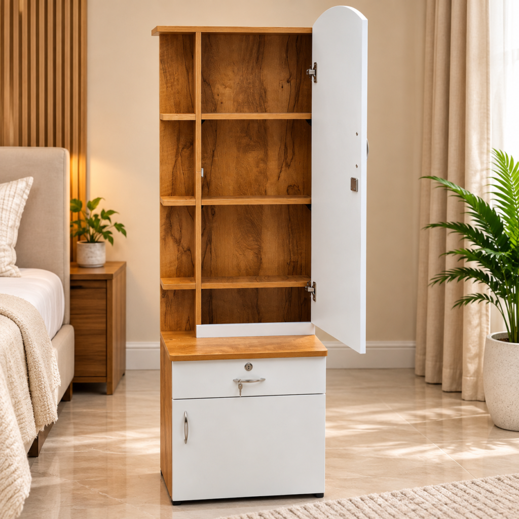 Dressing Table with Mirror, Side Shelf, Door Storage & Bottom Storage - White & Neshwood Finish