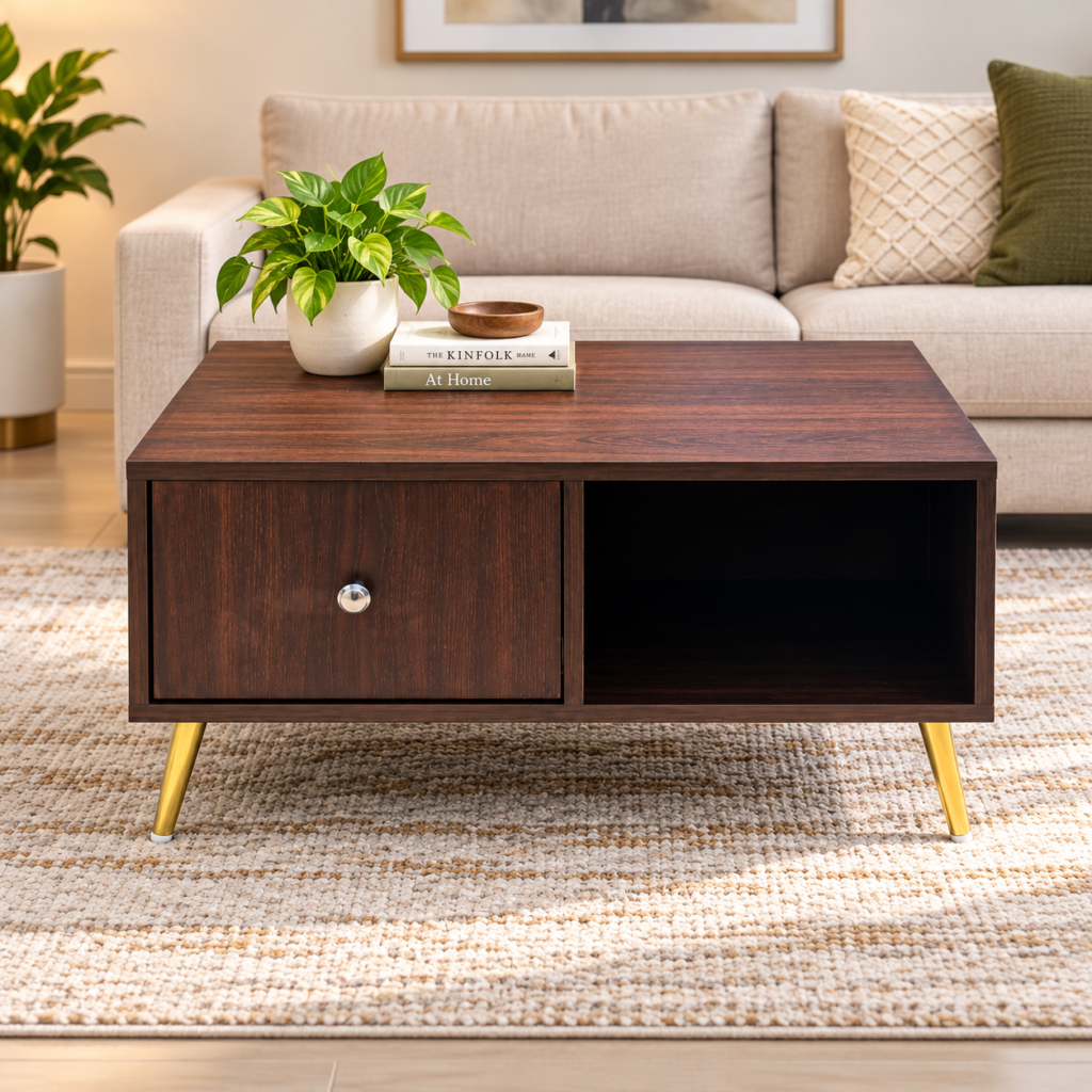 Brown Coffee Table with Drawer & Golden Legs – Modern Living Room Table