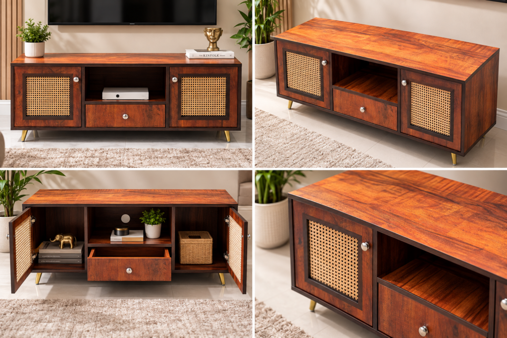 Elegant Walnut Wooden TV Cabinet with Cane Panel Doors, Open Shelf & Drawer, Golden Legs & Knobs