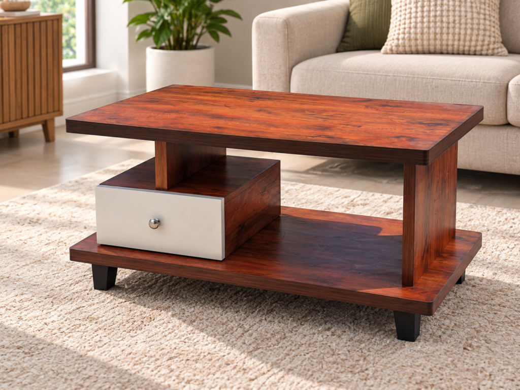 Walnut & White Drawer Coffee Table – Modern Wooden Table with Storage