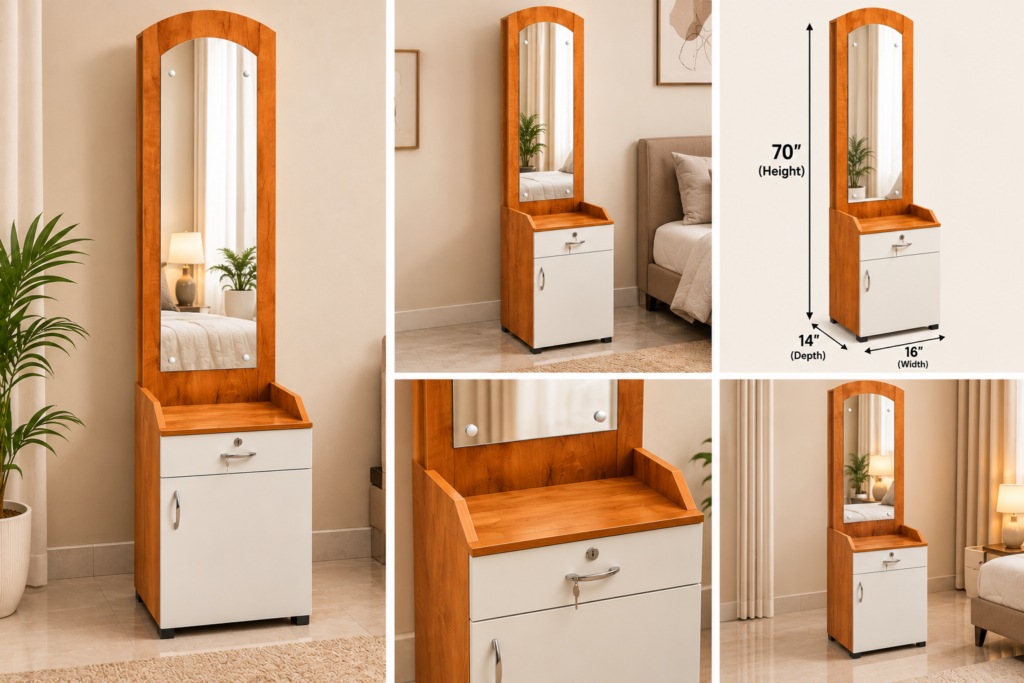 Dressing Table with Mirror, Drawer & Bottom Storage-Neshwood & White Finish