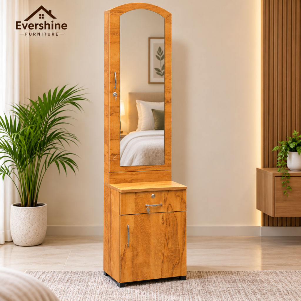Dressing Table with Mirror, Door Storage, Bottom Storage & Lock - Neshwood Finish