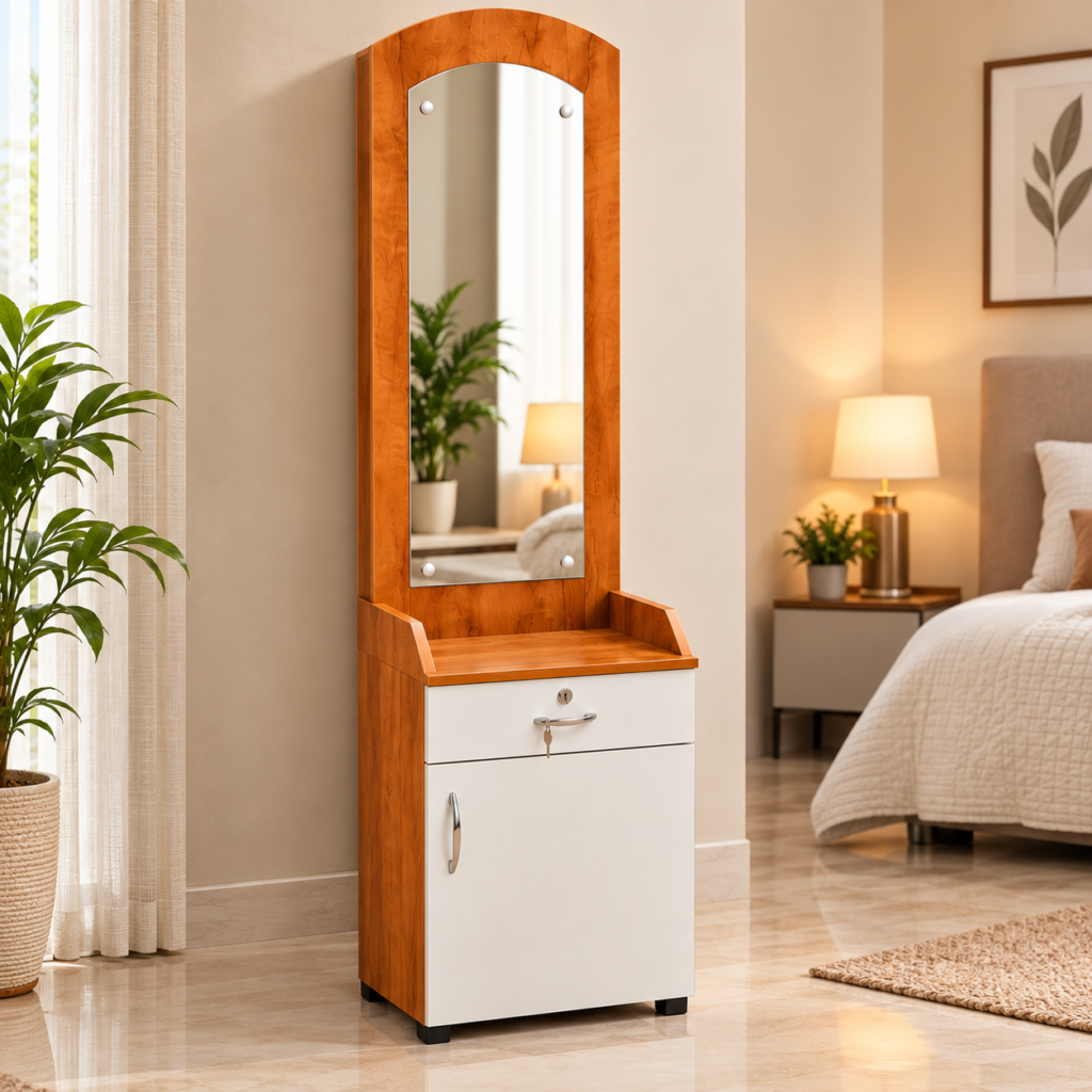 Dressing Table with Mirror, Drawer & Bottom Storage-Neshwood & White Finish