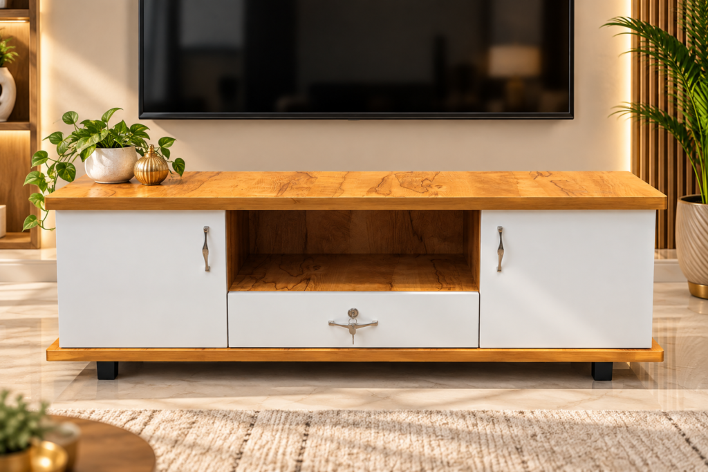 TV Cabinet with 2 Doors, Open Shelf & Drawer, Entertainment Center for Living Room