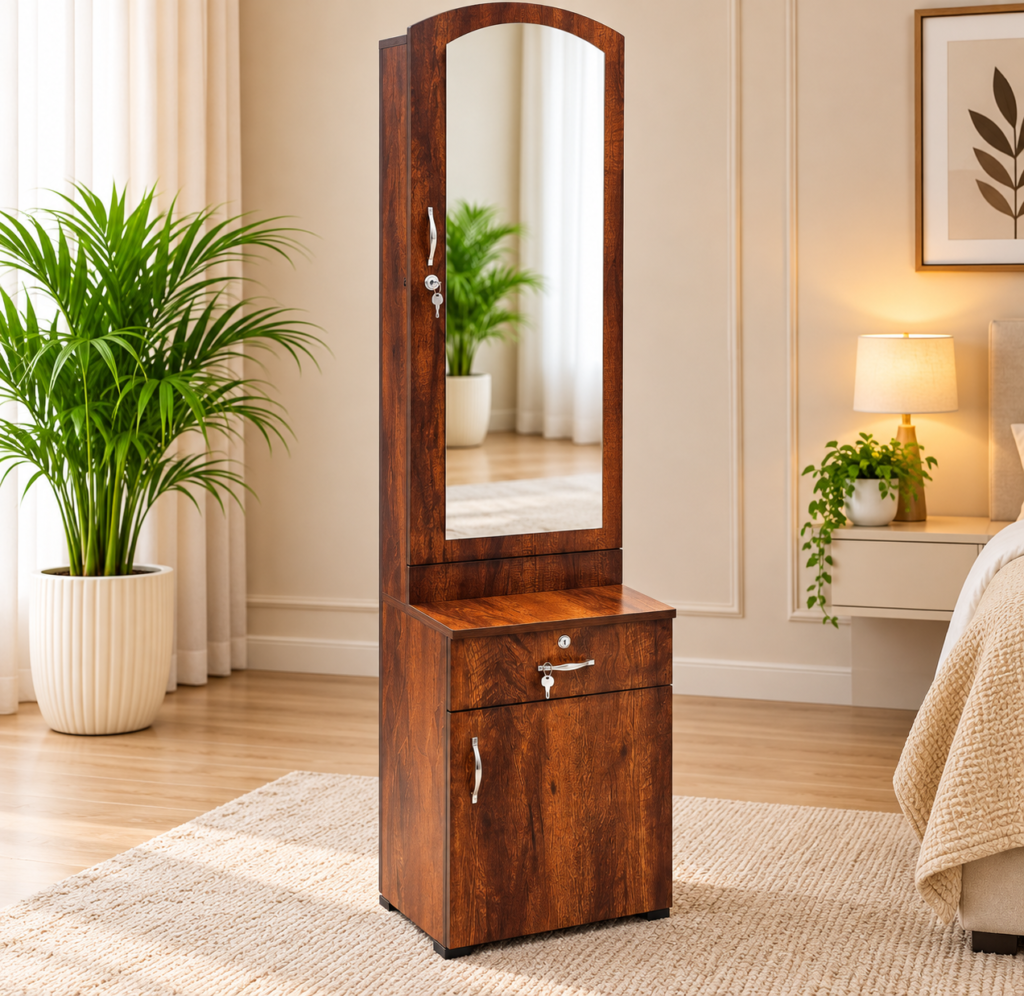 Dressing Table with Mirror, Door Storage, Bottom Storage & Lock - Walnut Finish
