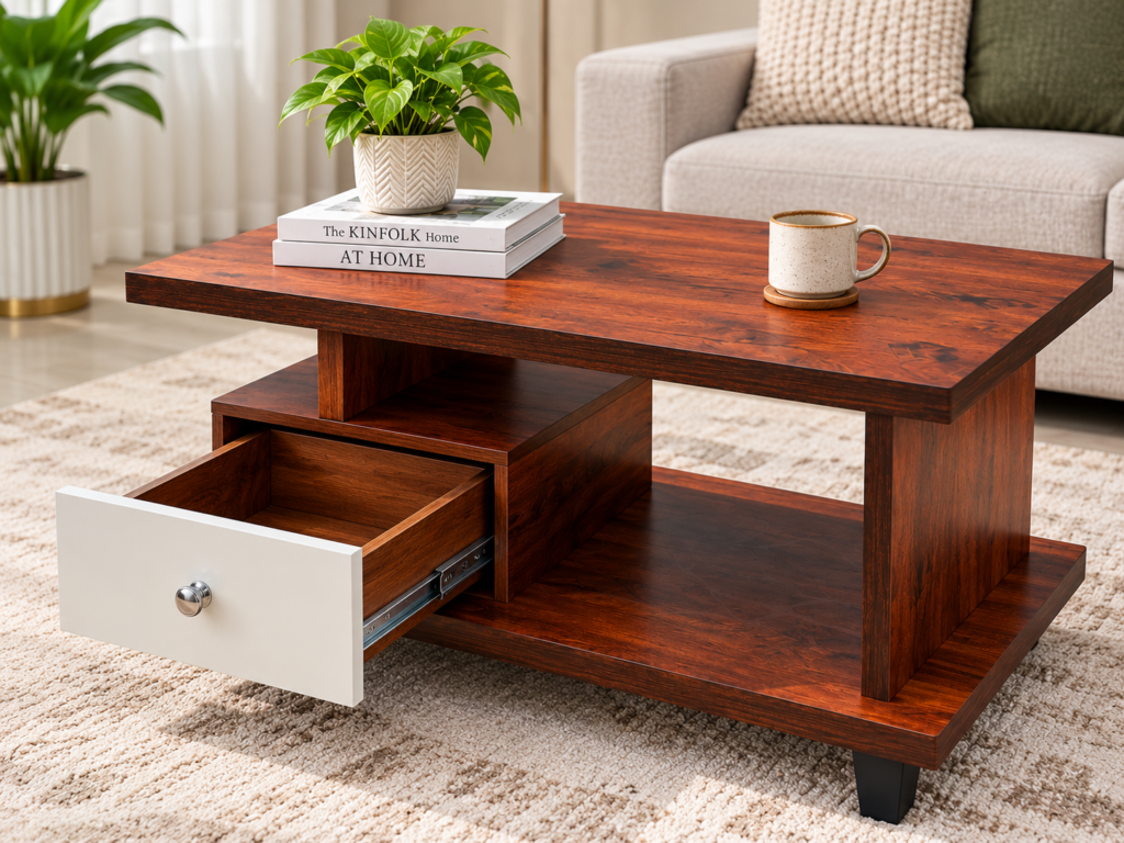 Walnut & White Drawer Coffee Table – Modern Wooden Table with Storage