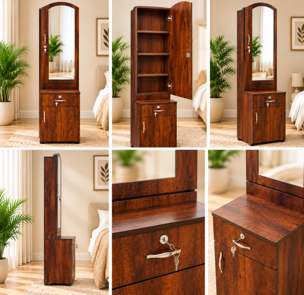 Dressing Table with Mirror, Door Storage, Bottom Storage & Lock - Walnut Finish