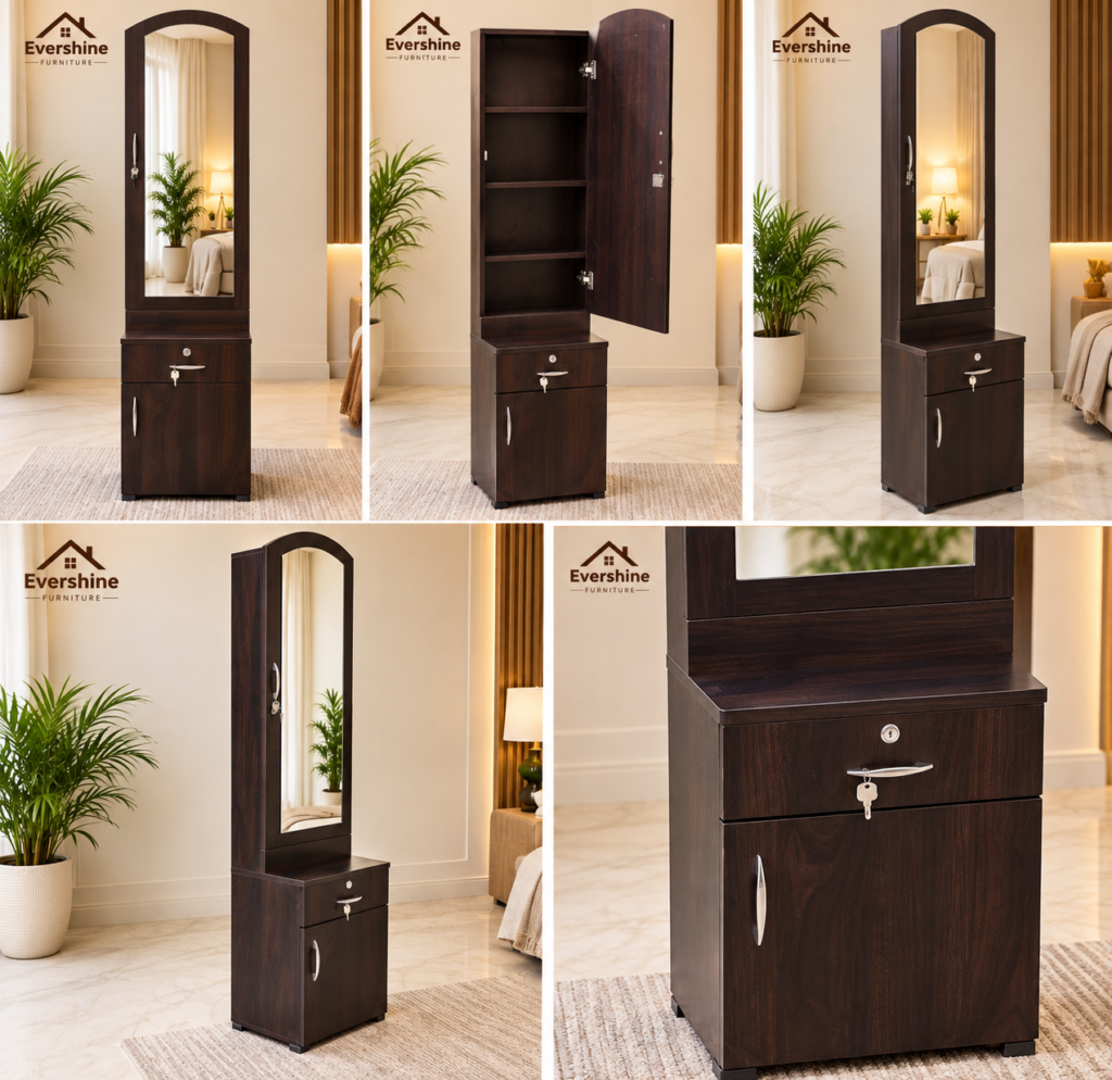 Dressing Table with Mirror, Door Storage, Bottom Storage & Lock - Brown Finish