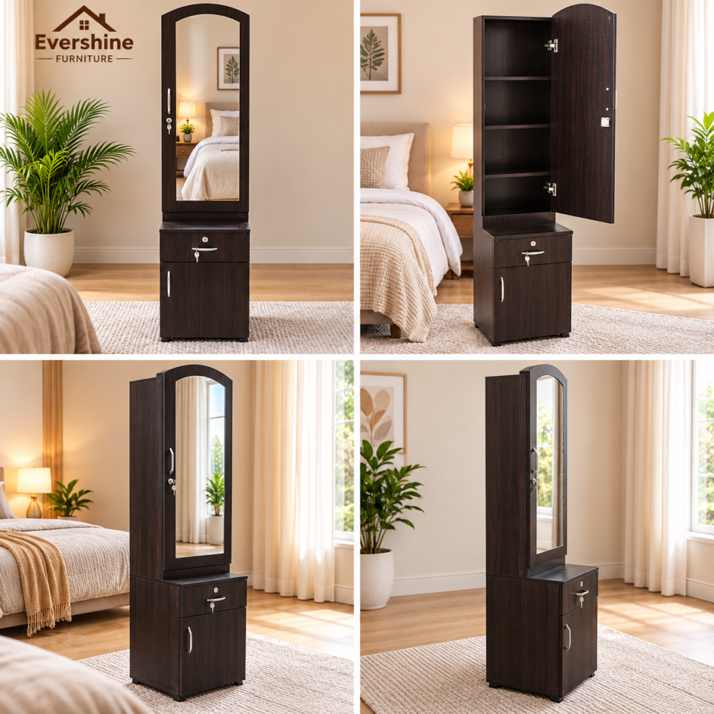Dressing Table with Mirror, Door Storage, Bottom Storage & Lock - Brown Finish