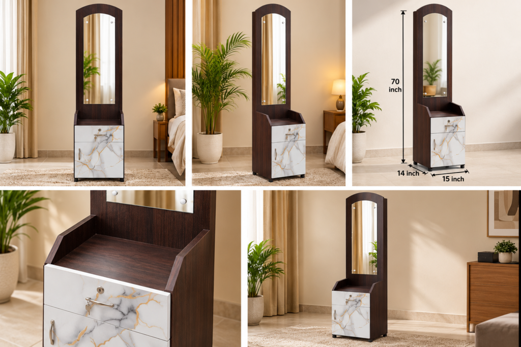 Dressing Table with Mirror, Drawer & Marble Design Bottom Storage-Brown Finish