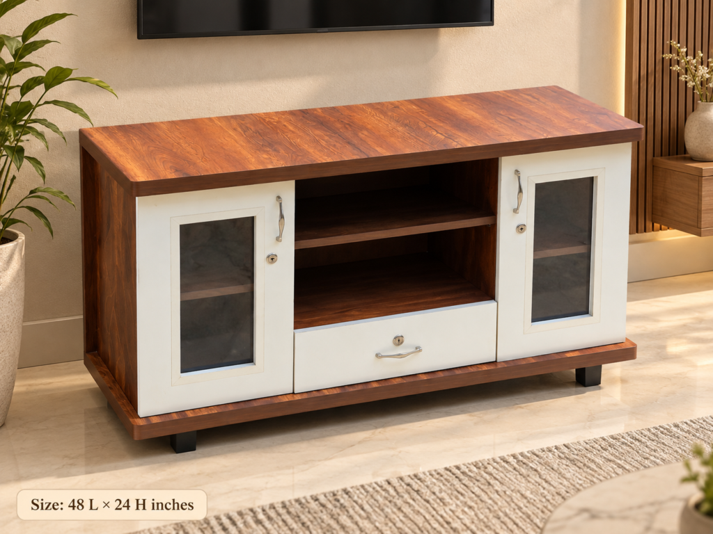 TV Cabinet with 2 Doors, Open Shelves & Drawer