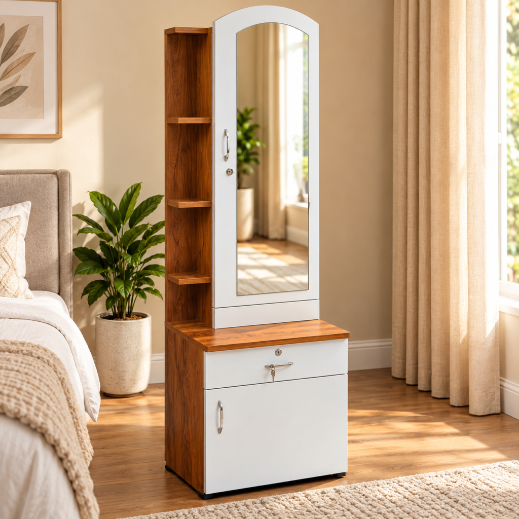 Dressing Table with Mirror, Side Shelf, Door Storage & Bottom Storage - White & Neshwood Finish