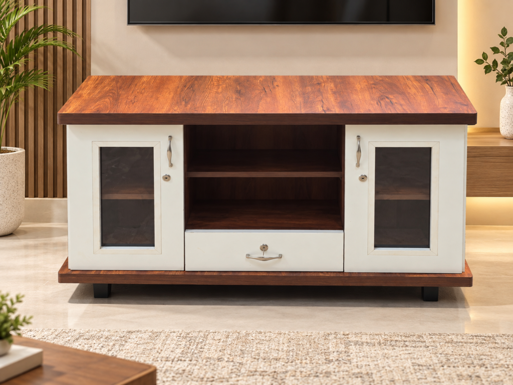 TV Cabinet with 2 Doors, Open Shelves & Drawer