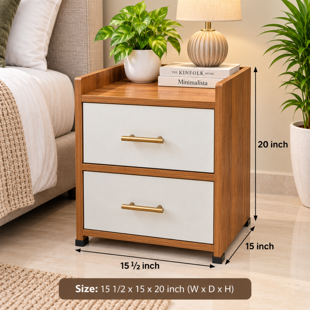 Bedside Table with 2 Drawers – White & Nash Wood
