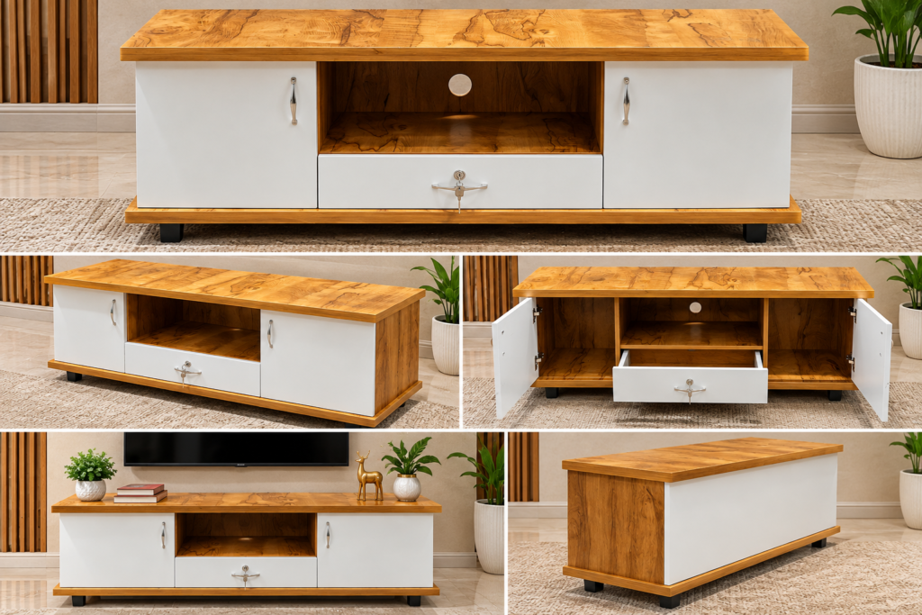 TV Cabinet with 2 Doors, Open Shelf & Drawer, Entertainment Center for Living Room